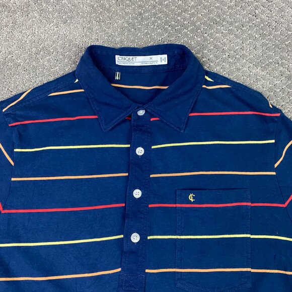 Criquet Polo Shirt Men's Medium Blue Stripe Organic Cotton Striped Preppy - Picture 2 of 10
